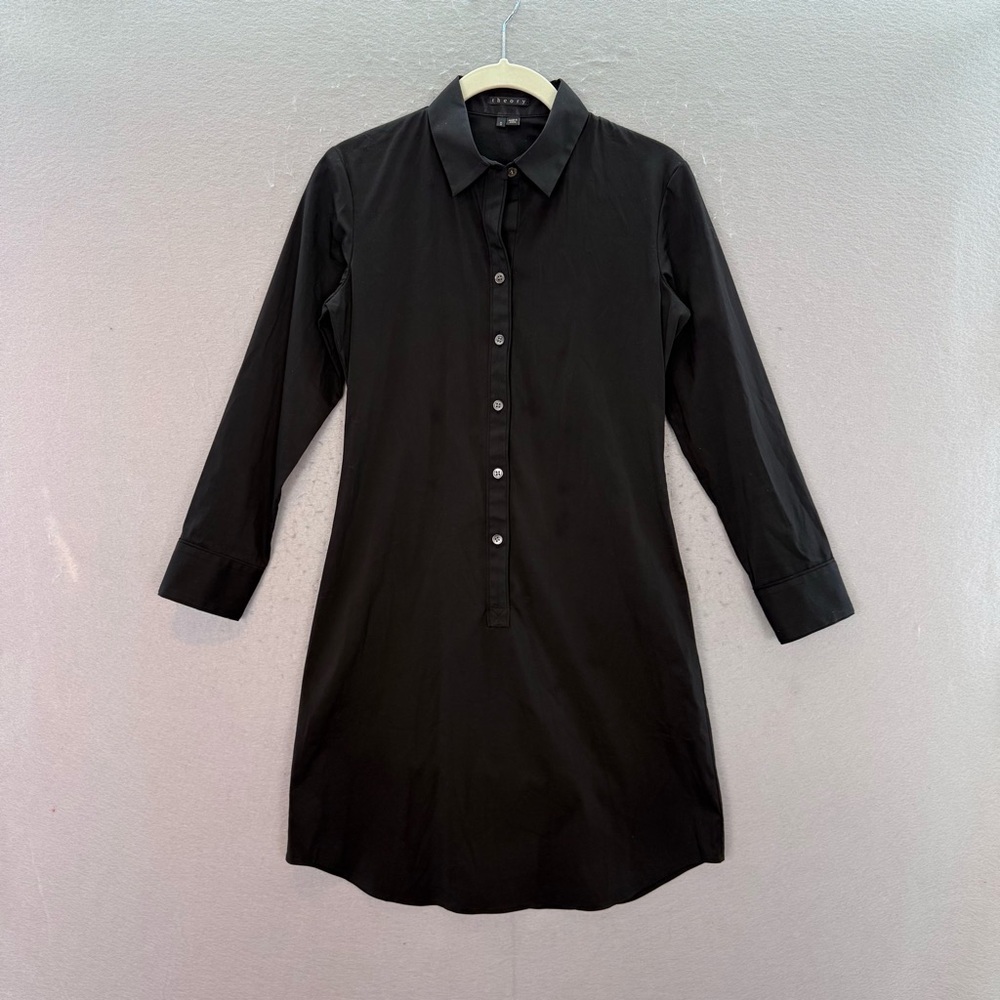 Theory - women’s black cotton blend shirt mini dress Collared 1/2 button front 0